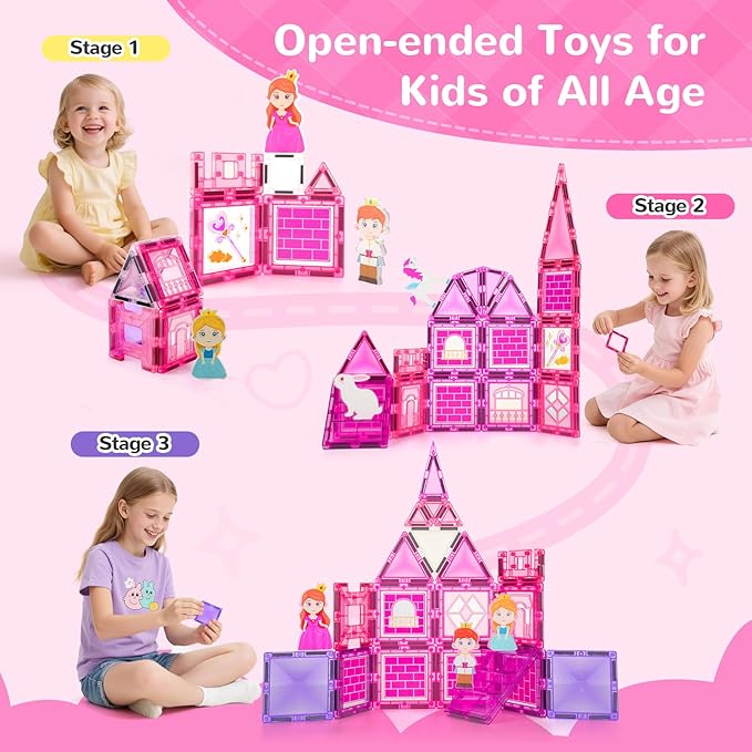 Diamond Magnetic Tiles Building Blocks – Princess Castle Pretend Play Toys with DIY Painting Set and Stickers for Kids 4 5 6 7 8 Year Old STEM Educational Birthday for Girls Boy