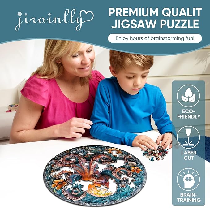 Wooden Puzzles for Adults, 3D Vision Octopus Wooden Jigsaw Puzzles 200 Pieces, 11.2 in Unique Shape Ocean Wooden Puzzle, Irregular Puzzle Creative for Adults and Kids Family Games