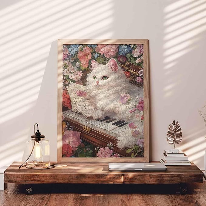 White Cat Lying On Antique Piano Jigsaw Puzzles for Adults 1000 Pieces, Garden Musical Instruments Animal Kitten Art Puzzles for Challenging Family Activity Games DIY Crafts Puzzle Home Decor Gifts