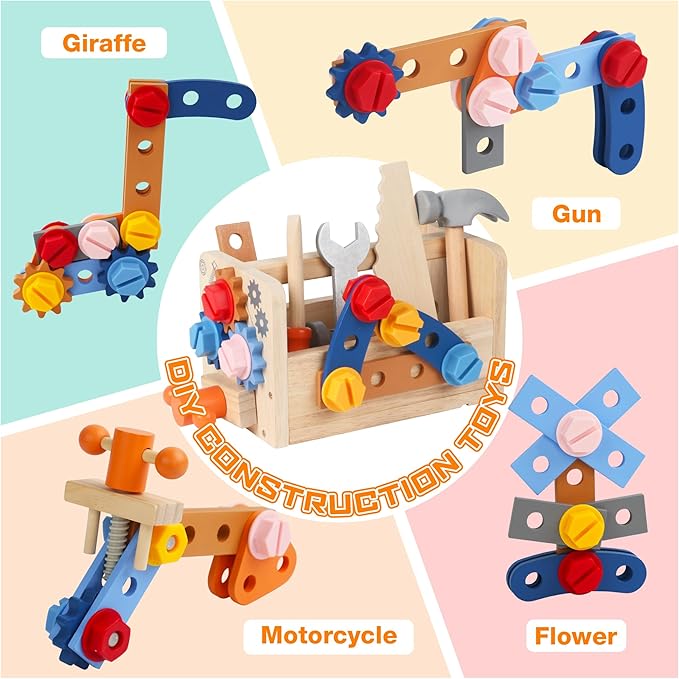 Wooden Kids Tool Set, 38PCS Educational STEM Construction Toys for 3+ Toddler, Wooden Tool Bench Montessori Toy Tool Box for 3 4 5 YO Boys & Girls Birthday Gift (36Pcs)