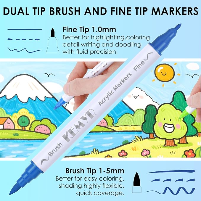 120 Colors Brush & Fine Tip Acrylic Paint Pens, Dual Tip Acrylic Paint Markers for Paper, Wood, Canvas, Stone, Rock, Glass, Fabric, DIY, Ceramic, Art Supplies for Kids and Adults Drawing