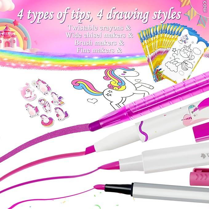 weirtoya 70 PCS Washable Scented Markers Set with Glitter Pencil Case, Mermaid Unicorn Arts and Crafts for kids 4-6-8 Kids Coloring Drawing Kits for 4-8 Years Old Girls Birthday Gifts