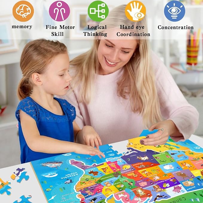 Puzzles for Kids Ages 6-8 and 8-10 – 200 Piece USA Map Jigsaw Puzzle – Educational Learning Toy for Boys and Girls