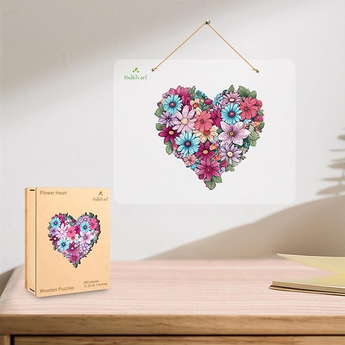 Ruikiyart Wooden Puzzles for Adults, 5MM 200 Pieces Heart Flower Wooden Jigsaw Puzzles, Unique Shapes Puzzles Great Gift for Adults and Kids on Birthday, Christmas (11.2"x10.7")