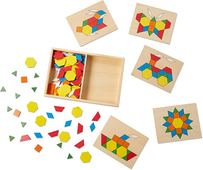 Melissa & Doug Pattern Blocks and Boards with 120 Multi-Colored Wooden Shape Tiles, 5 Double-Sided Puzzle Boards, Tangram Puzzles, Montessori Toys for Girls & Boys