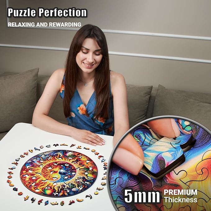 LEOGOR Wooden Jigsaw Puzzles for Adults 350 Pieces (14.9 × 14.9 in), Sun Moon Puzzle, Extra-Thick 5mm Wood, Round Mosaic Design with Unique Animal Shapes, Challenging Artistic Gift for Adults