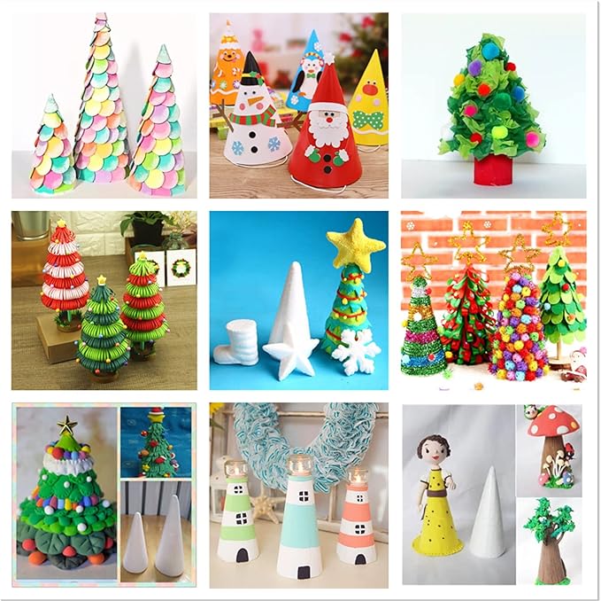 Crafjie Foam Cones for DIY Arts and Crafts (3.75 x 9.7 in, 8 Pack), White Polystyrene Foam Cones Christmas Tree Craft Supplies, for DIY Home Craft Project, Christmas Tree, Table Centerpiece