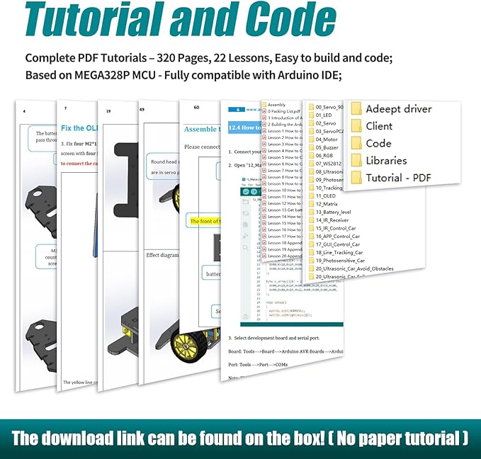 Adeept 4WD Smart Car Kit(Compatible with Arduino IDE), Line Tracking, Light Tracing, Obstacle Avoidance, Servo Motor, OLED Display, Buzzer, LED Dot Matrix Display