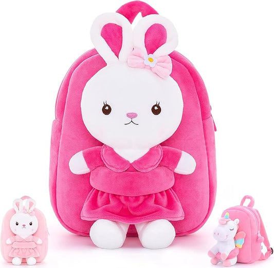 Gloveleya Kids Backpack Girl Backpack Toddler Girl Backpacks with Stuffed Bunny Toy Rose Red 9''