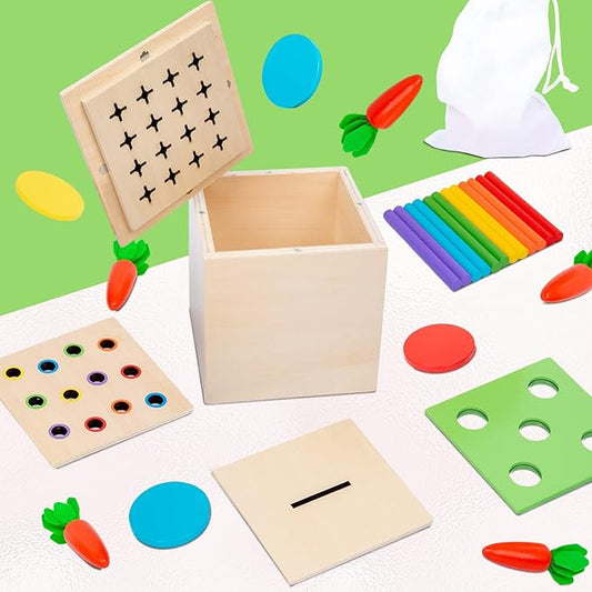 4-in-1 Montessori Wooden Play Kit for 1+ Year Old - Carrot Harvest Games, Infant Coin Box, Fine Motor Skills Toys and Cotton Swab Drop Game Box, Gift for Babies 6-12 Months