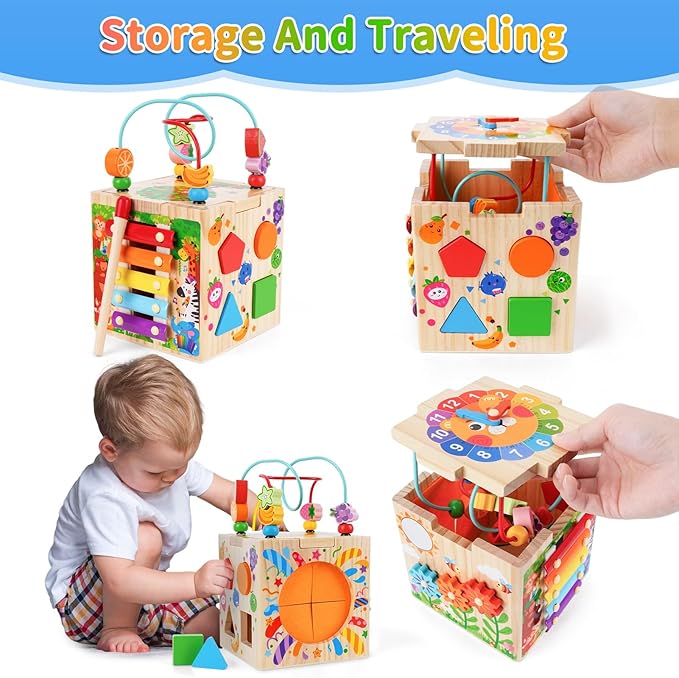 Wooden Activity Cube | Montessori Toys for 1-2 Year Old Toddlers | One Year Old 1st First Birthday Gift | Developmental Toys for 12 Months Baby Boys Girls | Bonus Sorting & Stacking Board (Blue)