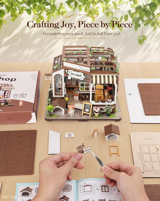 [2025 New] Pet Shop Miniature House Kit with LED Light, Book Nook Kit with Cover for Birthday, 3D Wooden Bookends Puzzle Bookshelf Decor Building Kit Birthday Gifts for Family, Friends