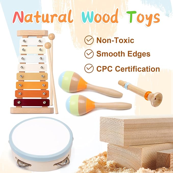 Toddler Musical Instruments Sets, Montessori Wooden Percussion Educational Baby Musical Toys Xylophone Maracas Tambourine for Kids, 2 3 4 Year Old Girls Boys Birthday Gifts