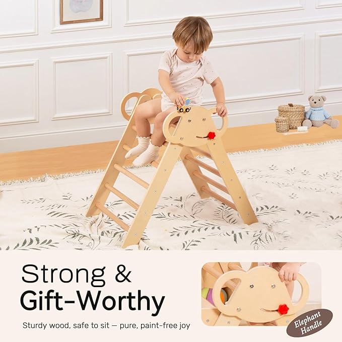 WINGYZ Pikler Triangle Climbing Set with Cushion,Wooden 8 in 1 Jungle Gyms for Toddlers 1-3, Indoor Playground for Kids ,Baby Montessori Climbers & Play Structures(Teak)