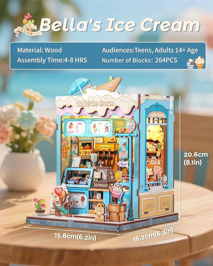 CUTEBEE Book Nook Kit, DIY Miniature House Kits for Adult and Teens, Dollhouse Booknook Tiny House, Bookshelf 3D Wooden Puzzle, DIY Craft Gifts for Family and Friends (Bella's Ice Cream)
