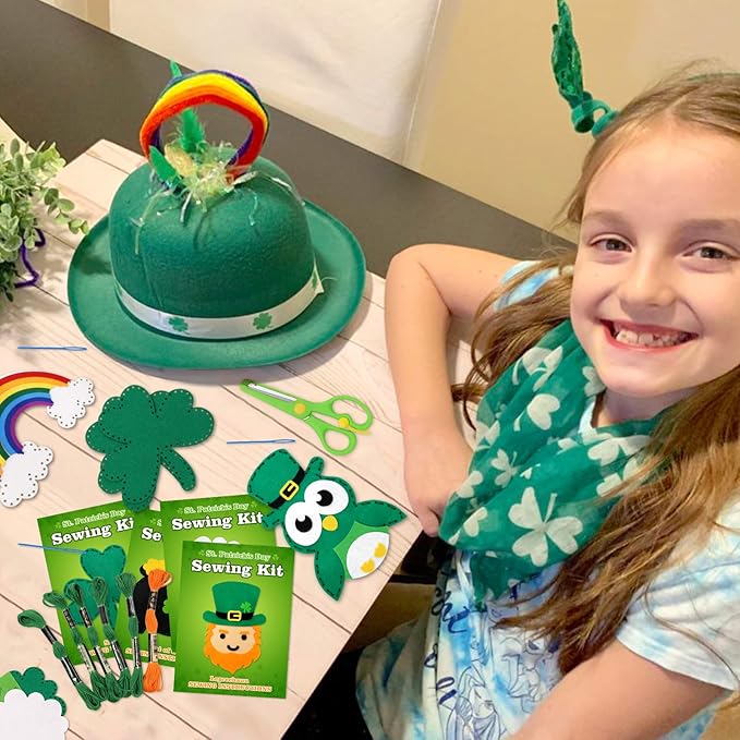 CiyvoLyeen St. Patrick's Day Craft Kids Sewing Kit Fun Saint Paddy's Day Felt DIY Craft Sewing for Girls and Boys Beginners Includes 12 Projects Clover Shamrock Ornaments Irish Education Gift Ideas