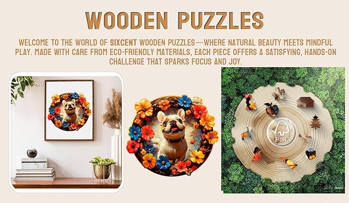 Wooden Jigsaw Puzzle, 200-500 Pieces Unique Shape Animal Puzzle, for Adults & Kids, Birthday Gift Family Game, Decorative Puzzle, Unique Gift (Blooming Bulldog, 200 PCS)