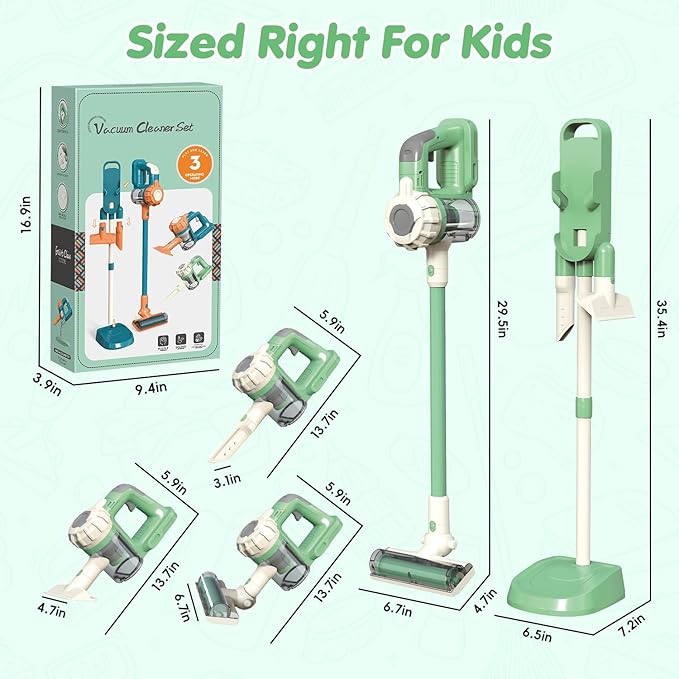 3-in-1 Kids Vacuum That Really Works – Working Toddler Vacuum Cleaner with Real Suction, Montessori Pretend Play Cleaning Toy Gift Set for Boys and Girls Ages 3+