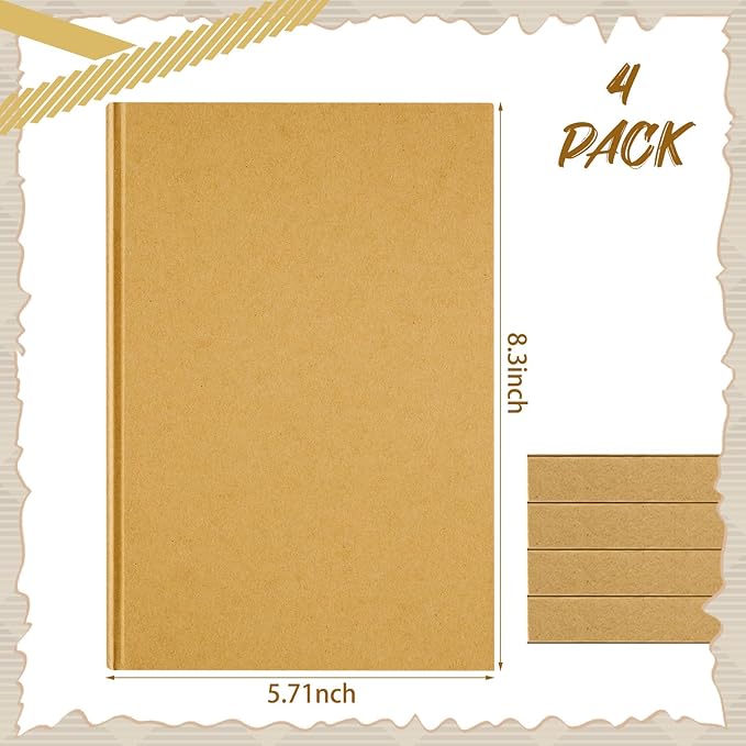 Henoyso 4 Pcs A5 Blank Notebooks Journals Bulk 100 Sheets/200 Pages Unlined Craft Notebooks Kraft Sketchbooks Hardcover for Writing Drawing for Gifts Students School Office, 8.3 x 5.7 in (Brown)