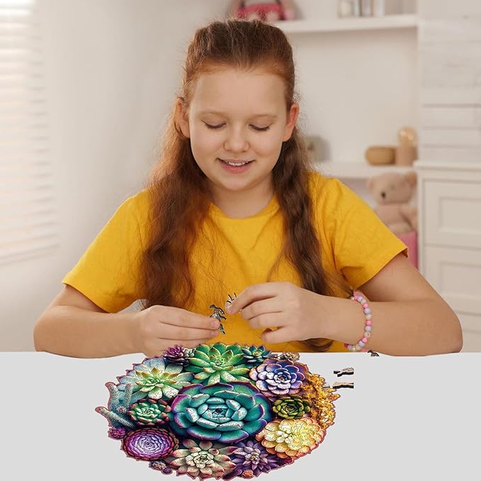 Wooden Jigsaw Puzzle for Adults and Kids Unique Shape Wood Colorful Beautiful Box Fun Challenge Brain Health Family Game Creative Gift for Friends Rompecabezas Madera(Mandala Succulent 300pcs)