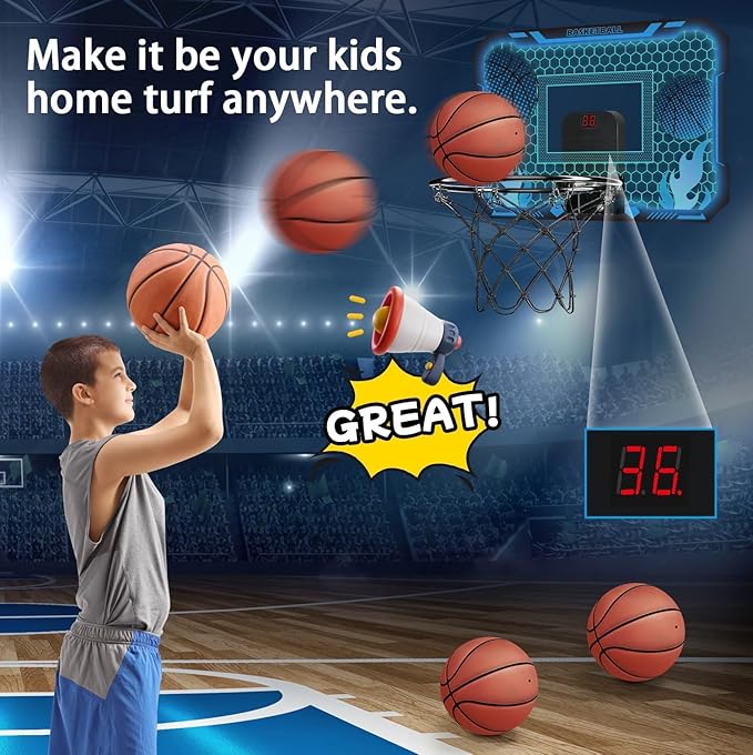 Indoor Basketball Hoop for Kids with Led Lights Mini Basketball Hoop with Remote Control Over The Door Basketball Hoops with Scoreboard Basketball Toys for 4-12 Year Old Boys Girls