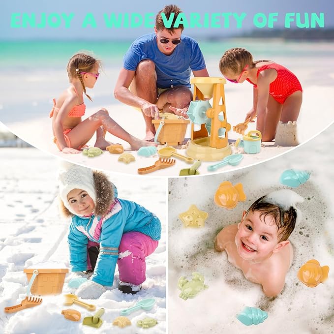 LBAIBB Sand Toys,Beach Toys for Kids,Sandbox Toy, Sand Wheel & Water Wheel Toys,Includes Bucket Shovel and Sand Rake for Beach,Water Guns Toys,Mesh Beach Toy Bag,Sand Toy for Kids Ages 3-13