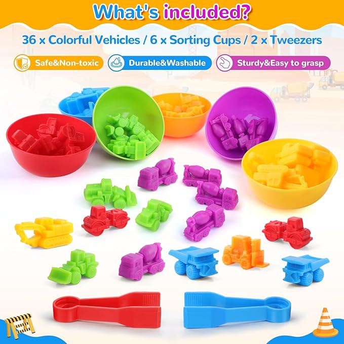 USATDD Counting Construction Vehicles Color Sorting Preschool Learning Matching Games Fine Motor Skills Toys Montessori Classroom Sensory Table Toys for Kids Gift for Toddlers 3 4 5