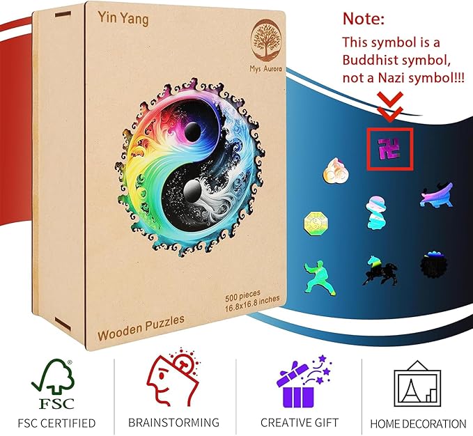 Mys Aurora Unique Wooden Jigsaw Puzzles - Yin Yang Mandala, 500 Pcs King Size 16.8" x 16.8", Original Mandala Wood Puzzle, Beautiful Package, Best Gift for Adults