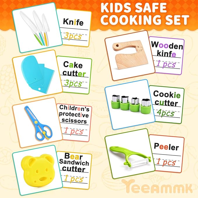 17PCS Kids Cooking Sets Real Cooking Montessori Kitchen Toys for Toddlers Kids Safe Knives for 2/3/4/5/6/7/8 Year Old