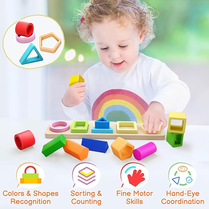 PEBIRA Montessori Toys for 1 2 3 Year Old Boys Girls Toddlers, Heightened Peg-Free Wooden Stacking Toys, Shape Sorter Learning Toy, Birthday Gift for Baby Kid Age 1-4 Preschool Toy, Various Game Play
