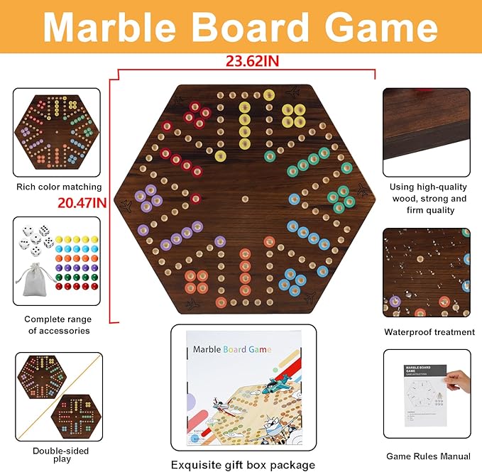 Extra Large Wahoo Board Game Wooden Original Board Game 2 Side Painted Fast Track Game for 4 Player and 6 Player with 30 Marbles,6 Dices for Family Game Night (Brush Paint Burn Color)