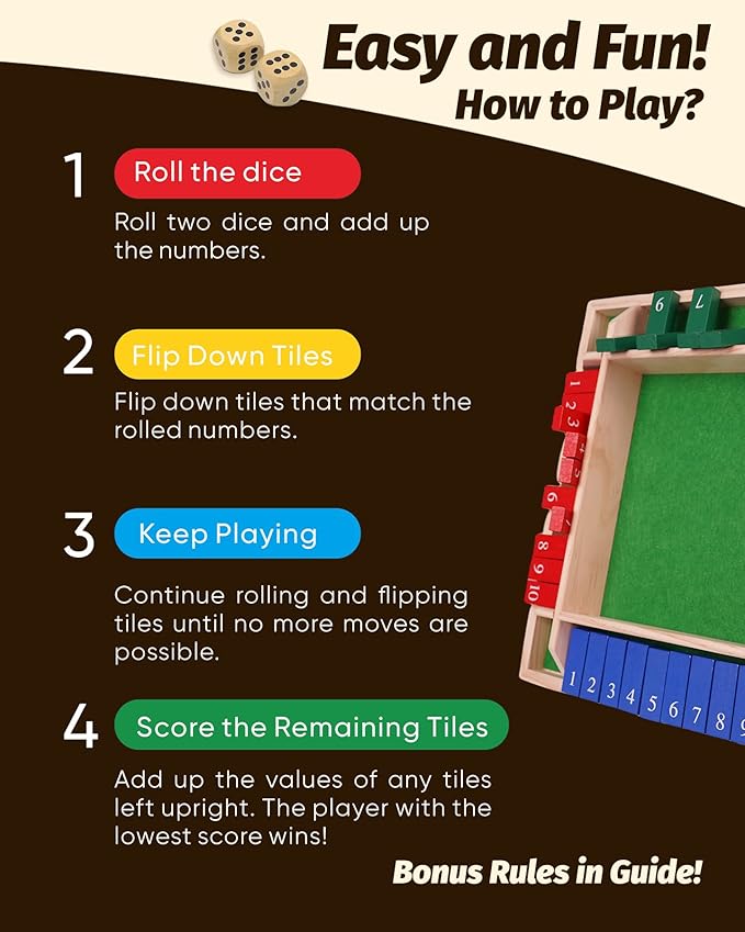 Classic Original Shut The Box Game, Math Dice Board Game for Family Night Classroom Travel, Wooden Tabletop Present for Group Kid Adult Senior, Camp Party Bar, Easy Quick and Fun, 2-4 Players