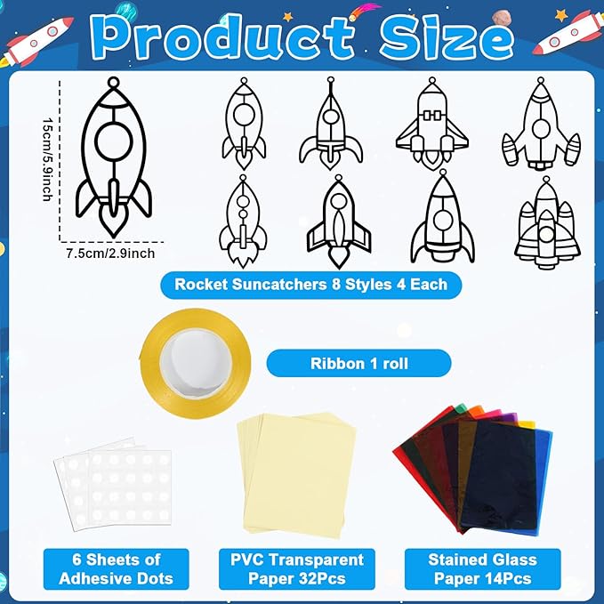 32 Sets Outer Space Rocket Suncatchers Craft Kit DIY Window Stained Glass Effect Space Theme Paper Crafts for Home School Classroom Decoration Kid Birthday Gifts Creative Art Projects Activity Game