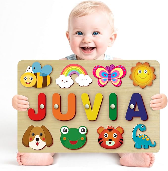 Custom Name Puzzles for Toddlers 1-3 - Name Puzzle for Kids, Personalized Wooden Animal Puzzle, Baby Gifts, Baby Shower, Christmas, Newbaby Gift, Gifts for 1 2 3 Years Old (Animal-Name -01)