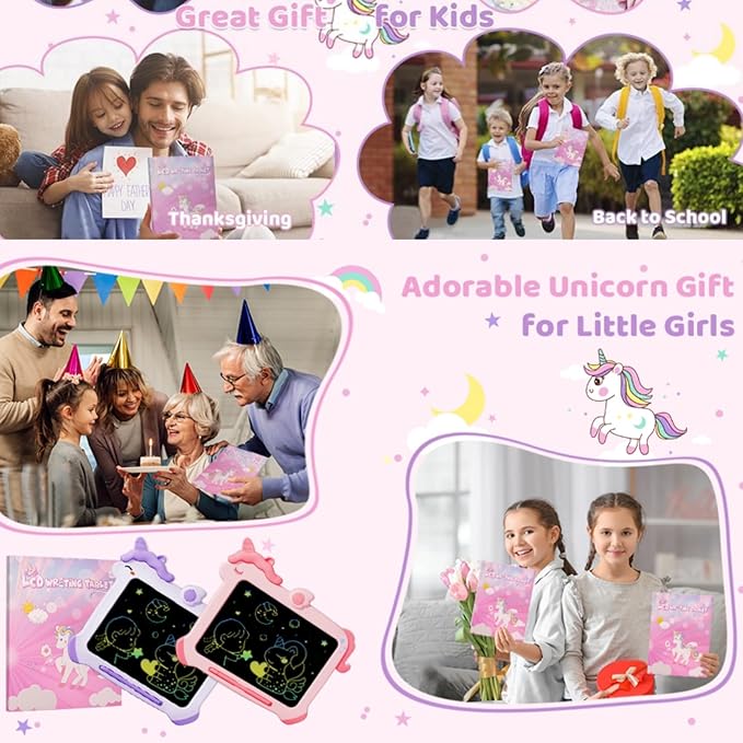 Kikapabi LCD Writing Tablet for Kids, Unicorn Colorful Screen Doodle Board, Electronic Drawing Pad, Educational Toy, Toddlers Travel Toy, Christmas Birthday Gift for 3 4 5 6 7 Year Old Girls Pink