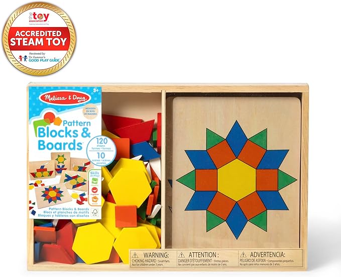 Melissa & Doug Pattern Blocks and Boards with 120 Multi-Colored Wooden Shape Tiles, 5 Double-Sided Puzzle Boards, Tangram Puzzles, Montessori Toys for Girls & Boys