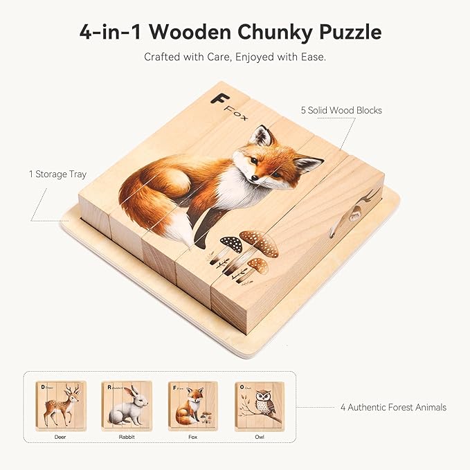 Promise Babe Wooden Forest Animal Puzzles Toy for Toddlers 1-3, 4-in-1 Montessori Toys Learning Educational Chunky Puzzle for 2-4 Years Old, Baby Boys Girls Gifts