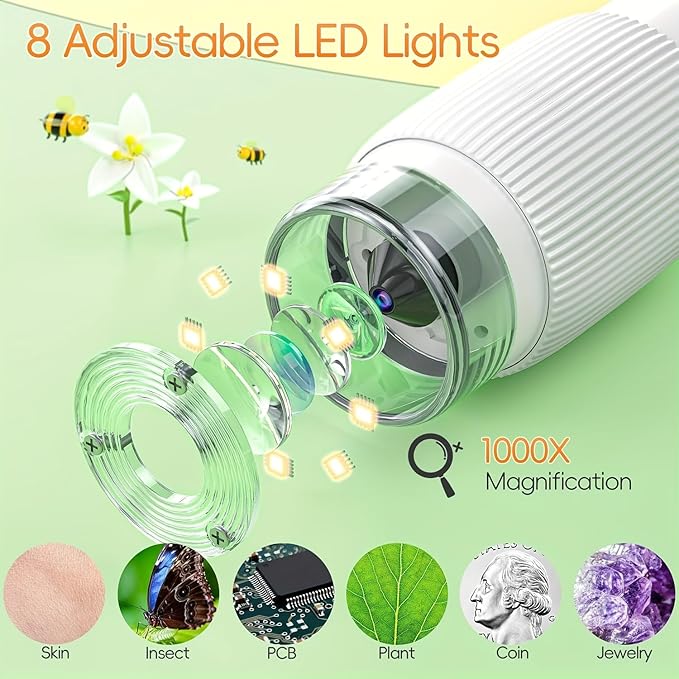 Kids Handheld Microscope 100X-1000X Magnification, Portable Pocket Microscope for Kids Ages 4-12 with Built-in Storage, LED Lights & PC Connection