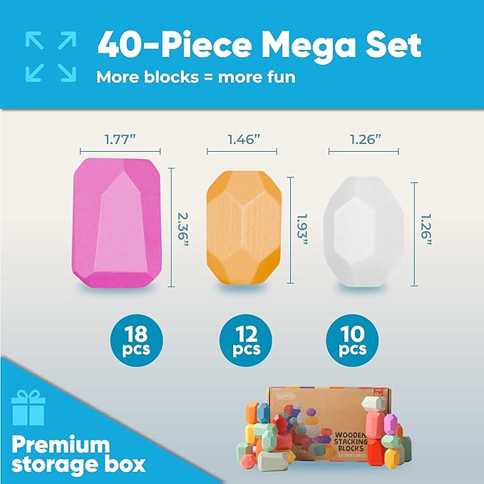 BUNMO 40pcs Wooden Stacking Toys - Montessori Educational Blocks for Toddlers, Non-Toxic, Safe, and Durable for Kids’ Creative Play and Learning