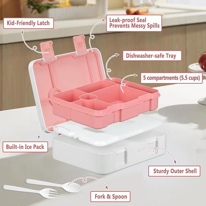 Chill Lunch Box Kids, Leak Proof Adult Bento Box with Ice Pack, 6 Compartment Lunch Container with Utensils for Girl Boy Back to School, 5.5-Cup Capacity, Dishwasher Safe, BPA Free