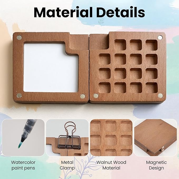 Mini Paint Palette Travel Kit,Mini Travel Watercolor Palette Set,Pocket Artist Water Color Sets with Watercolor Pens,Binder Clips, Include 24 Colors Paint for Beginners Artists Students(Walnut-15 Grids)