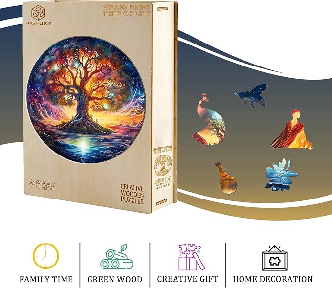 Jigfoxy Wooden Puzzles for Adults, Tree of Life Wood Puzzles Adult, Unique Animal Shape Wooden Jigsaw Puzzles for Adults, Birthday Gifts for Puzzle Lovers, Family, Friend (M-11.4 * 11.4in-190 pcs)