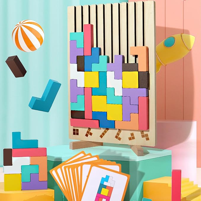 Wooden Stacking Puzzle Toy, 2025 New 3D Wooden Puzzle Montessori Toy Art, Giant Russian Block Board Game, Wood Stacking Blocks Stress Toys for Family Brain Teaser Activity