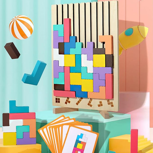 Wooden Stacking Puzzle Toy, 2025 New 3D Wooden Puzzle Montessori Toy Art, Giant Russian Block Board Game, Wood Stacking Blocks Stress Toys for Family Brain Teaser Activity