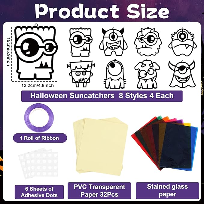 32 Sets Halloween Monster Suncatchers Craft Kit DIY Window Stained Glass Effect Halloween Monster Paper Crafts Home School Classroom Decoration Kid Birthday Gift Creative Art Project Activity Game