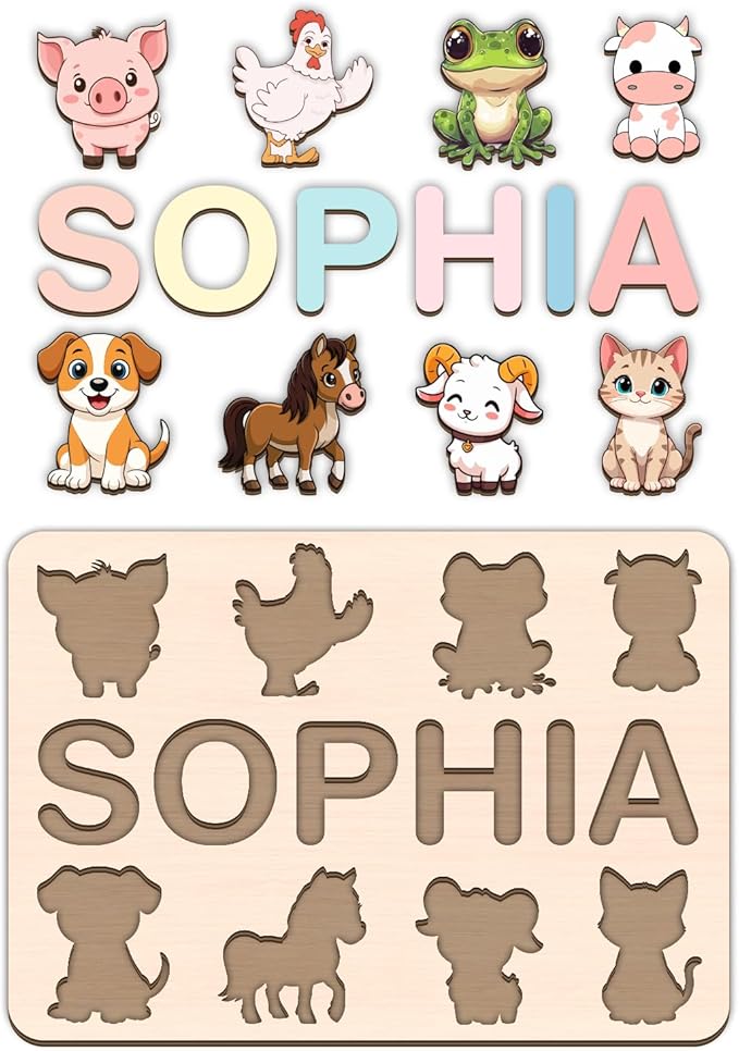 LOVELYPOD Personalized Name Puzzle for Kids, Custom Name Puzzles for Toddlers 1-3 Animal Puzzle, Customized 1st Birthday for Girls & Boys Wooden Toys for Kids, for New Baby - Style 8