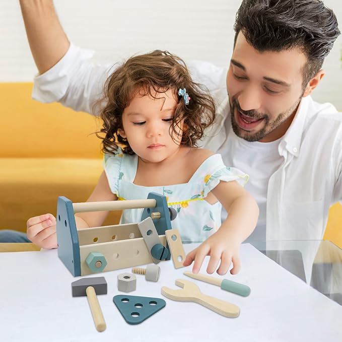 Montessori Wooden Tools Toddler Educational Construction Kids Toys Sets Play Box Preschool Play Tool（Blue）