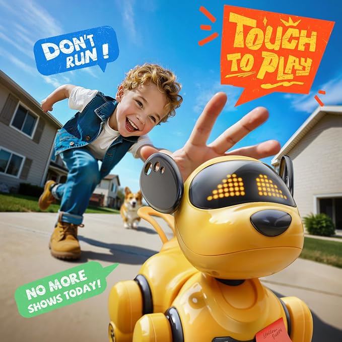 Ruko 18011 Smart Robot Dog Toy for Kids, Interactive Puppy with Remote & Gesture Control, Programmable LED Face Expressions, Fun Gift for Boys & Girls Ages 3 4 5 6 7 8, Yellow
