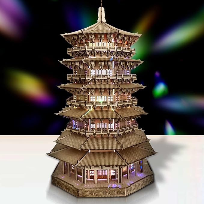 3D Wooden Puzzles for Adults - Wooden Pagoda 3D Puzzle, Creative Crafts for Adults, Birthday Christmas Party Favors, Home Decor Gift - Six-Storied Pagoda with LED Light (1287pcs)