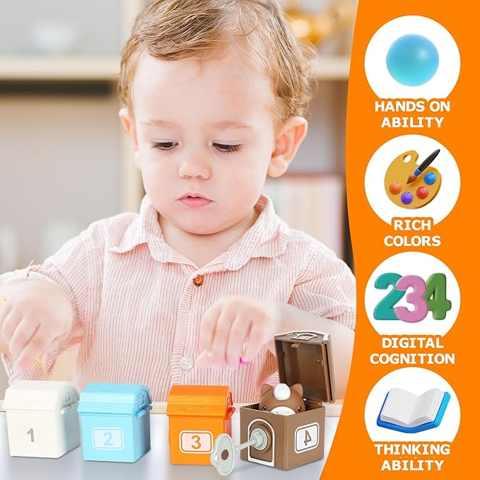 Toddler Learning Toys for 2 3 4+ Year Olds, Counting, Matching & Sorting Montessori Toy with Farm Animals, Playmat, Finger Puppets, Shape Keys and House, Easter Christmas Birthday Gift for Boys Girls